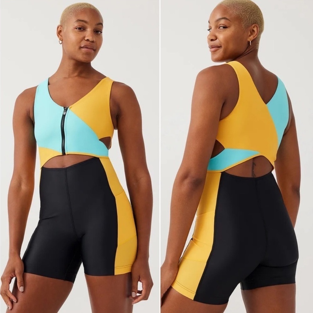 NWT Outdoor Voices SplashKnit 6" Bodysuit XS Colorblock Black, Teal, and Yellow